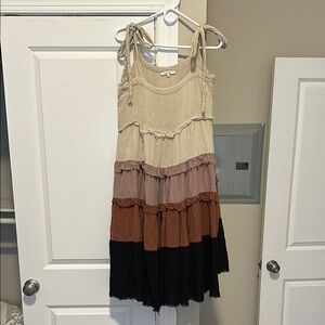 Olivaceous Cream and Brown Tiered Midi Dress